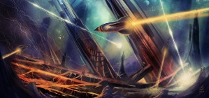 Rocketship over alien world by Luis F  Peres